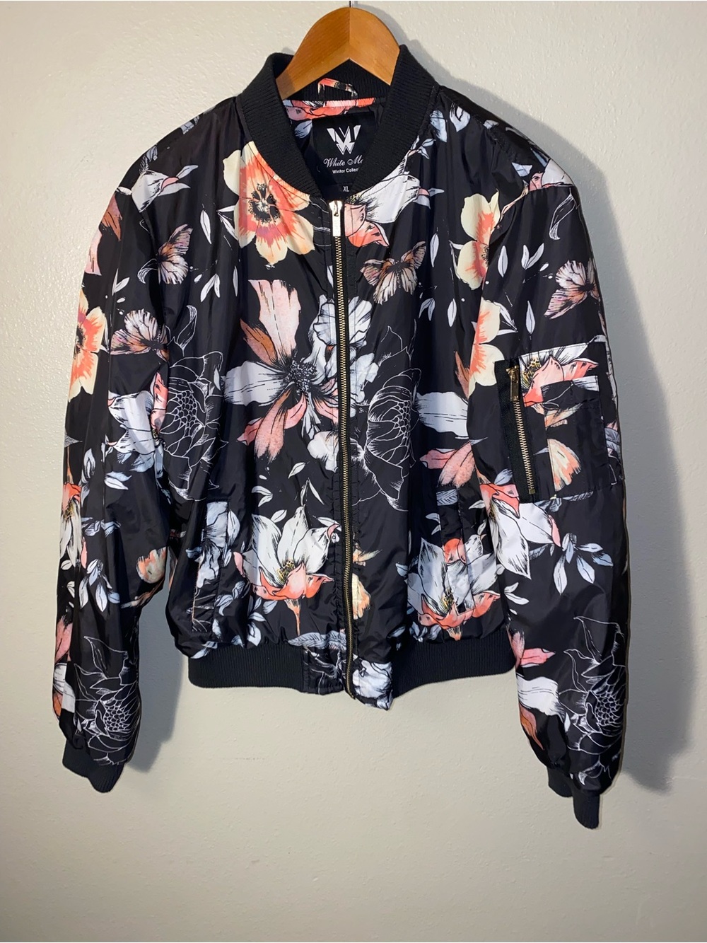 White Mark Floral Butterfly Print Boho Zippered Bomber Jacket XL